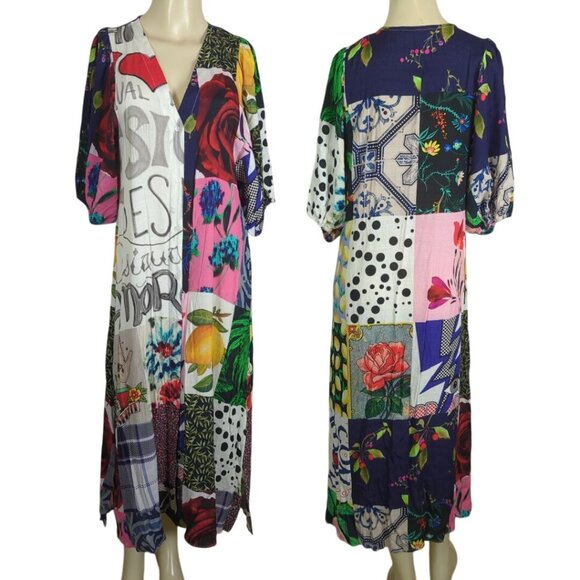Desigual Womens Bohemian Patchwork Midi Dress With Short Sleeves‎ & V-Neck Sz M - Picture 1 of 16